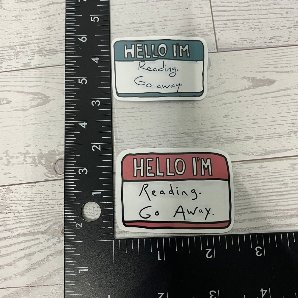 Hello I'm Reading Go Away Name Tag Sticker Set Red Blue Bookworm Introvert Decal - Picture 2 of 2